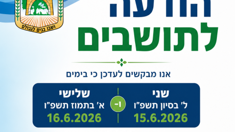 בימים שני ושלישי, ל' בסיוון וא' בתמוז תשפ"ו (15-16.6.2026) לא תתקיים קבלת קהל באגף הרווחה